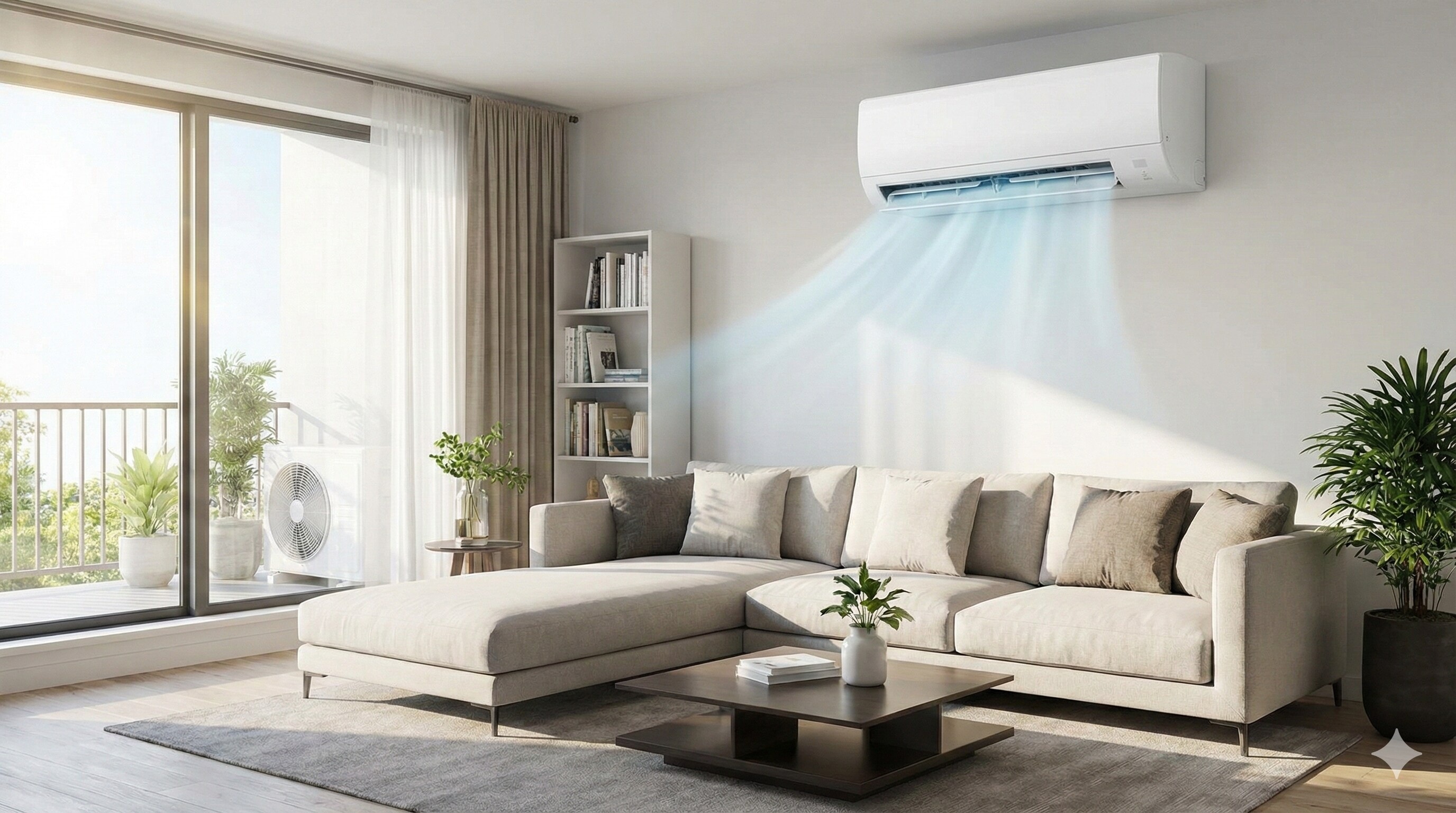 Wall-mounted split air conditioner cooling a bright residential living room